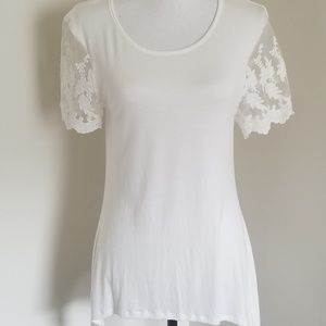 NWOT Ivory Lace Shoulders Short Sleeve Top
